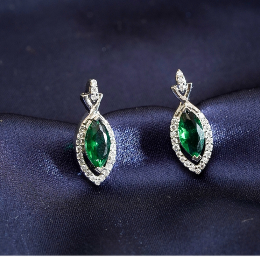 925 Silver Marquise Emerald Green Earrings with CZ Halo