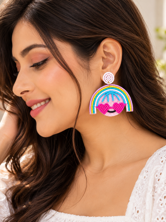 Rainbow Heart Smile Beaded Statement Earrings