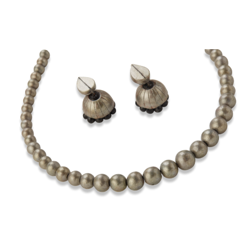 Silver Whisper – Handcrafted Bead & Jhumka Terracotta Set