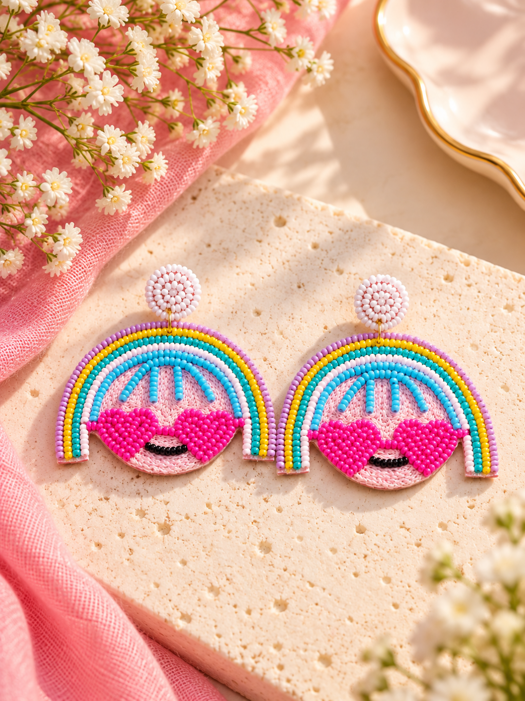 Rainbow Heart Smile Beaded Statement Earrings