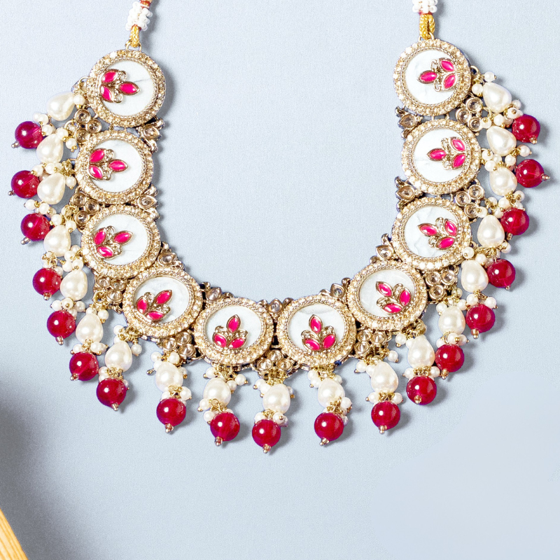 Chandrika Red & White Meenakari Kundan Necklace Set with Earrings - Bridal Kundan Set