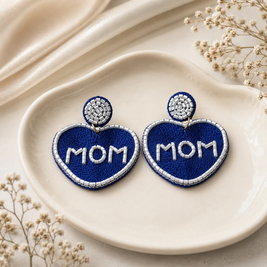 Blue Heart MOM Beaded Statement Earrings