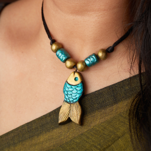 Handcrafted Blue Fish Terracotta Necklace Set