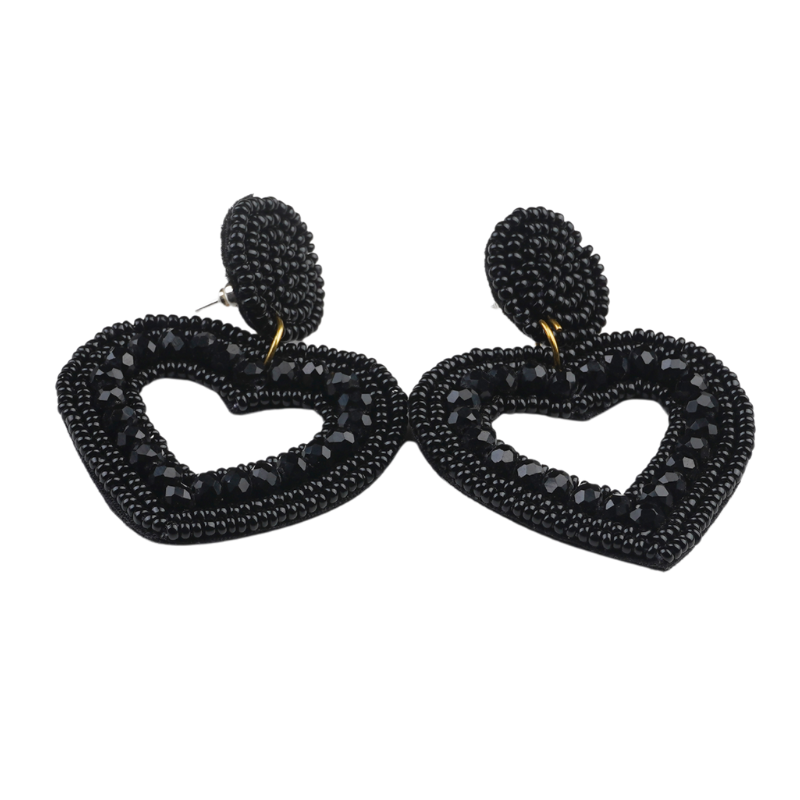 Midnight Love Handmade Black Beaded Heart Earrings