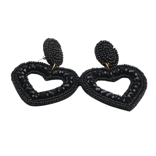 Midnight Love Handmade Black Beaded Heart Earrings