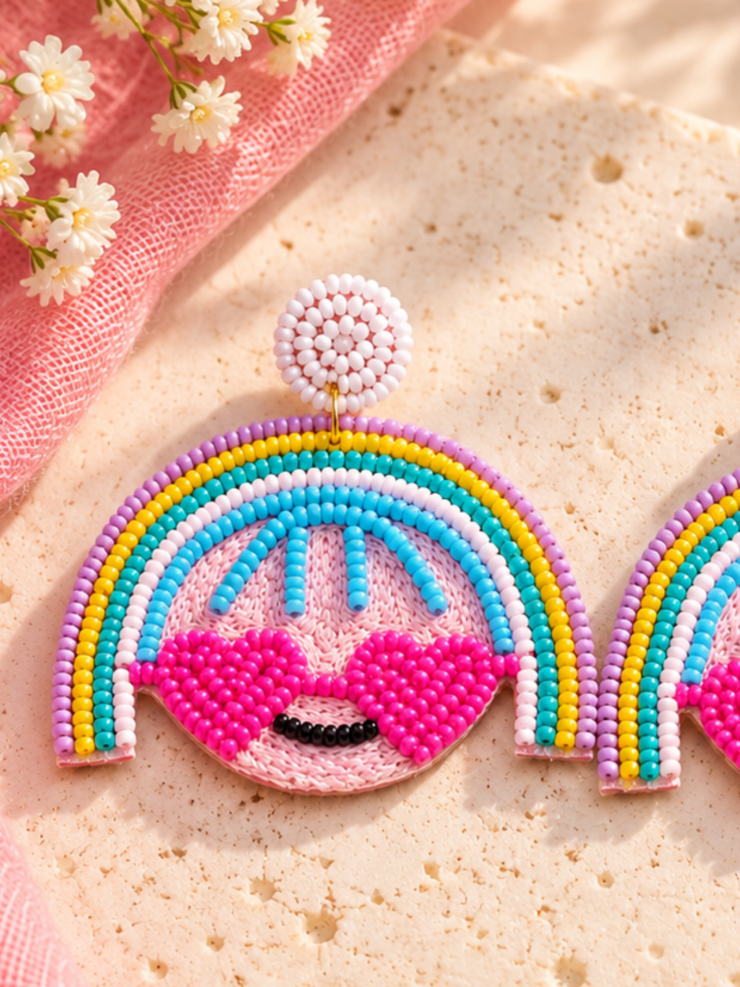 Rainbow Heart Smile Beaded Statement Earrings