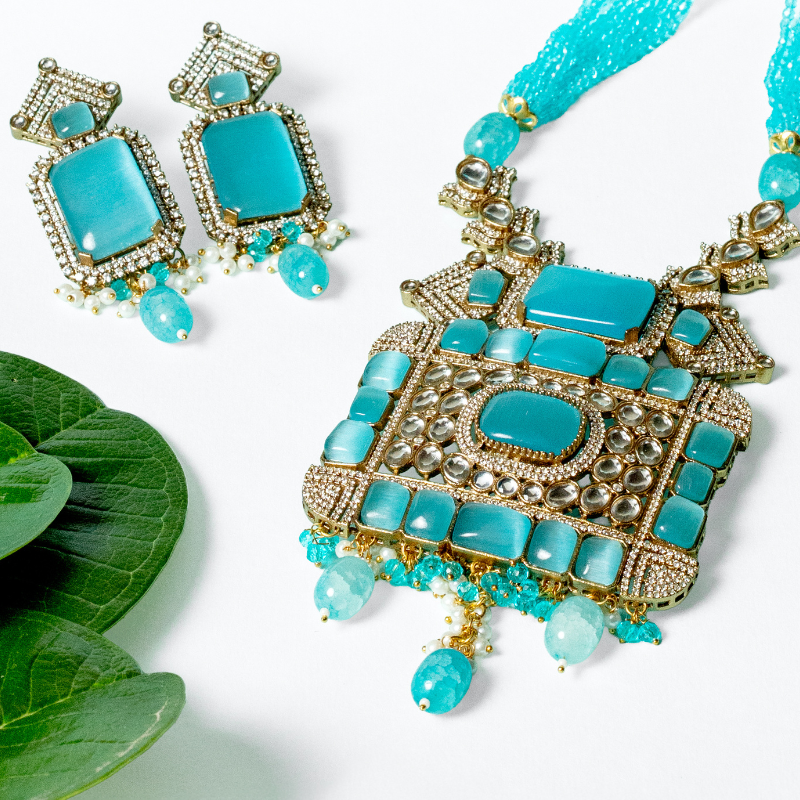 Turquoise Kundan Beaded Necklace Set with Earrings