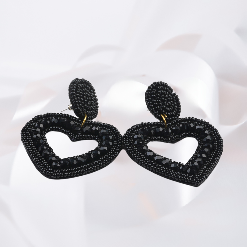 Midnight Love Handmade Black Beaded Heart Earrings