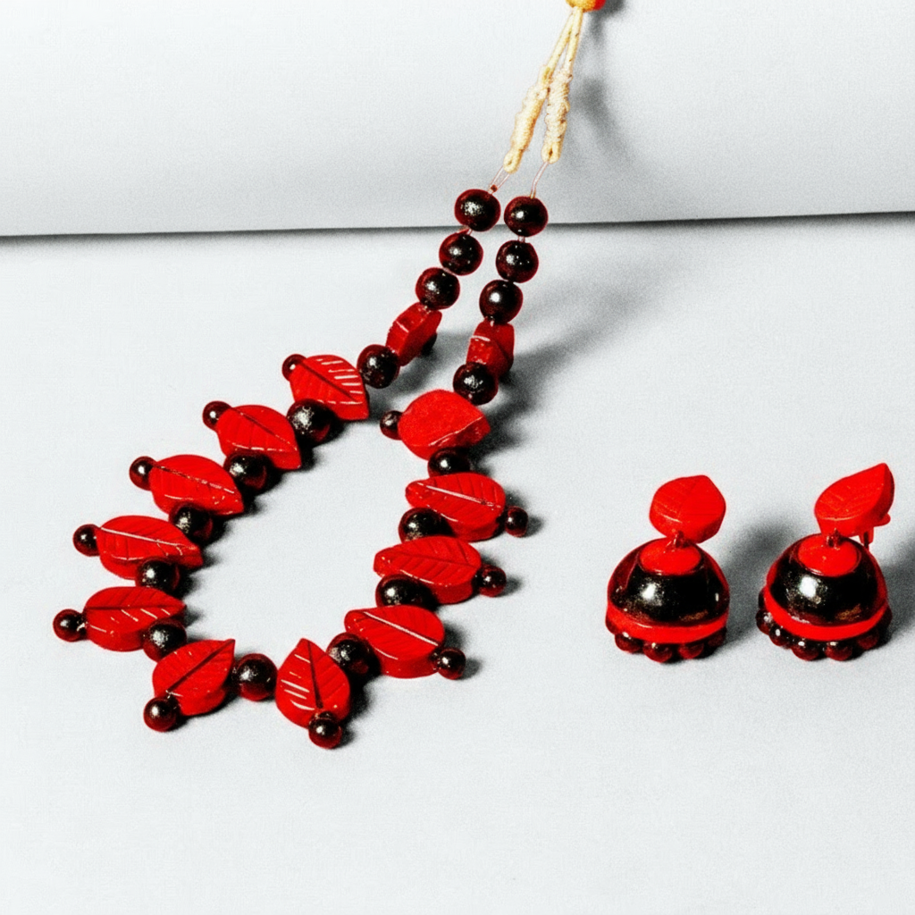 Lavisha's Red Terracotta Leaf Necklace Set