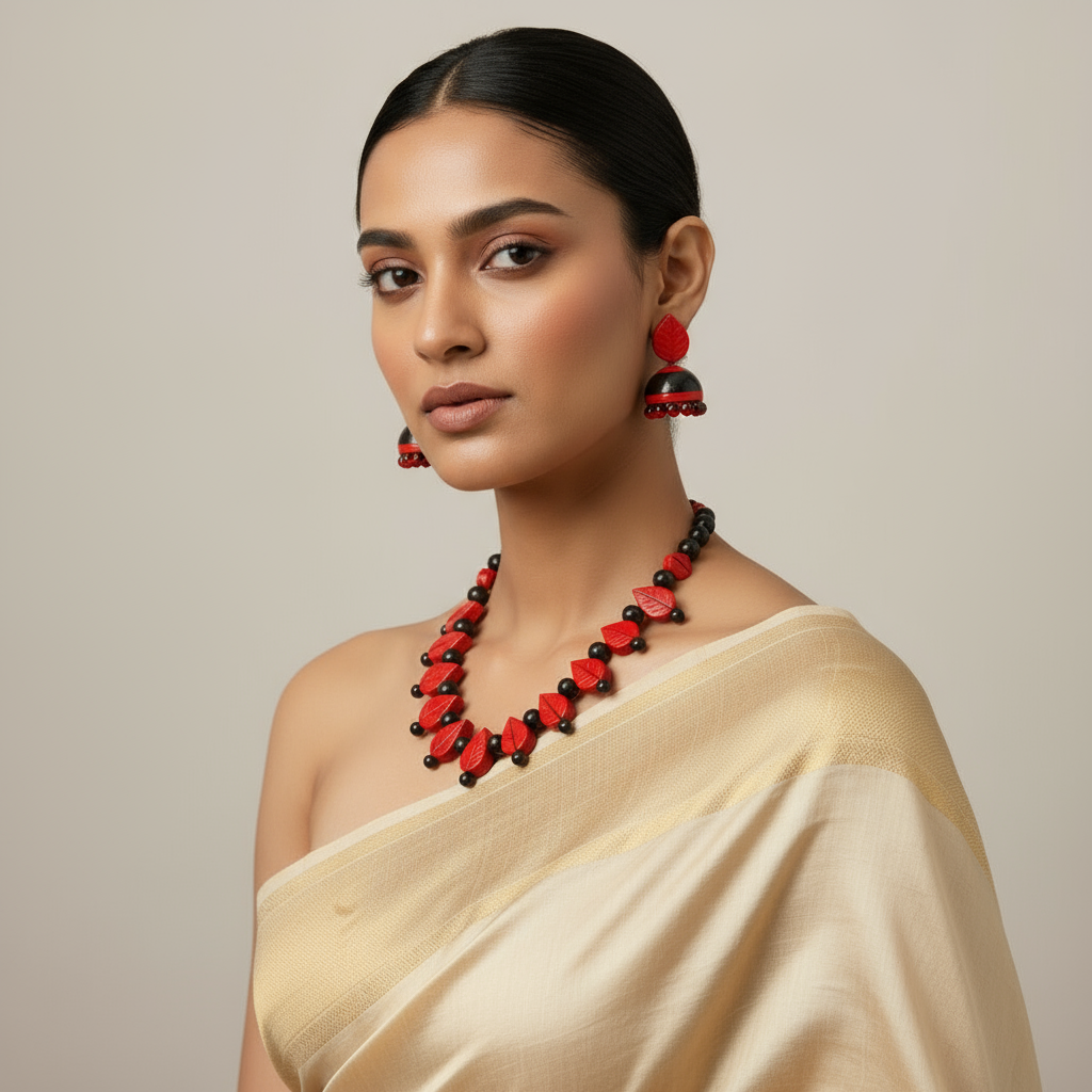 Lavisha's Red Terracotta Leaf Necklace Set