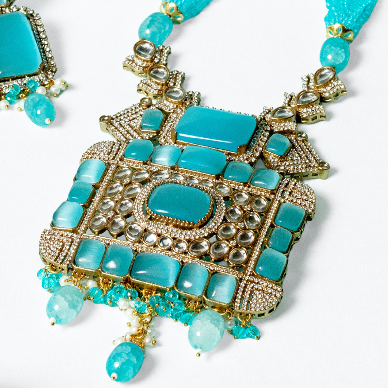 Turquoise Kundan Beaded Necklace Set with Earrings