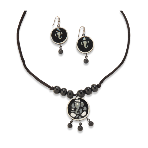 Handcrafted Black & White Ganesha Terracotta Necklace Set