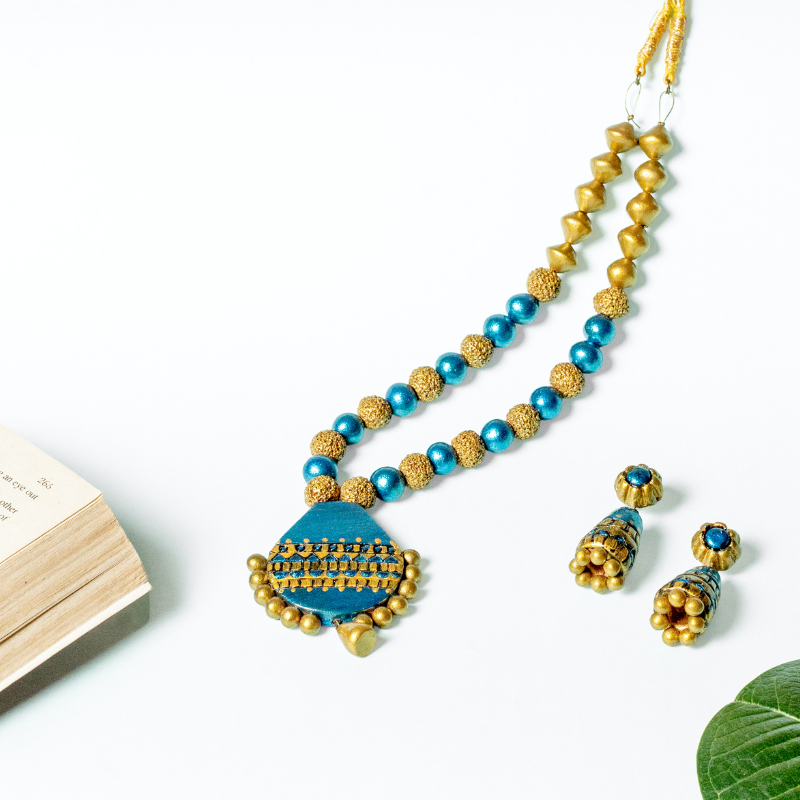 Diya's Handcrafted blue and gold terracotta necklace set