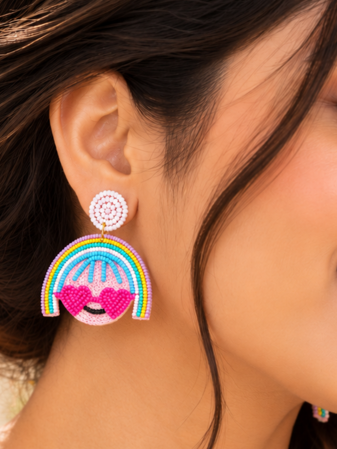 Rainbow Heart Smile Beaded Statement Earrings