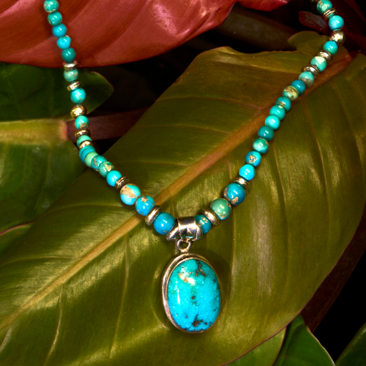 turquoise beaded necklace with pendant in 925 sterling silver natural stone jewelry