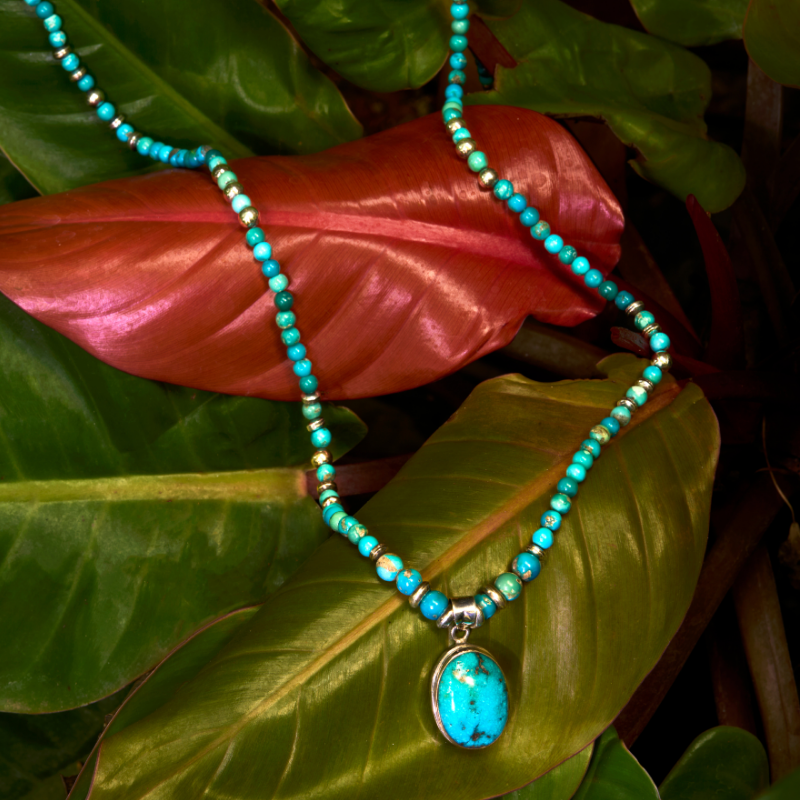handcrafted turquoise necklace with oval turquoise pendant