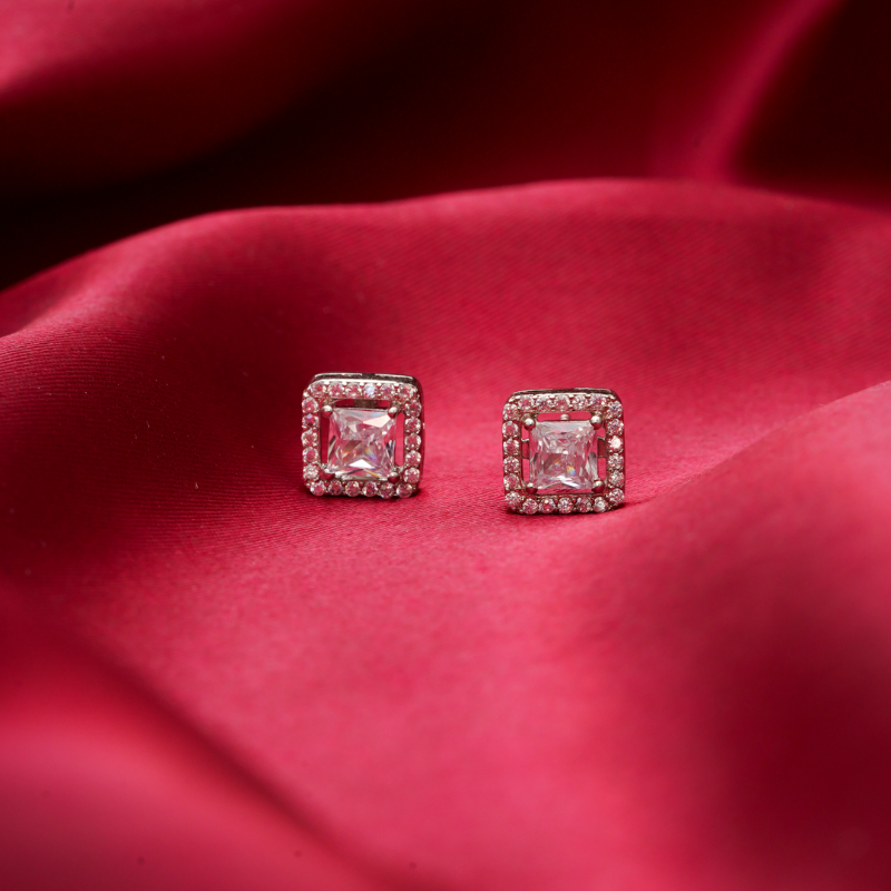925 Silver Radiant Princess-Cut Zircon Halo Earrings