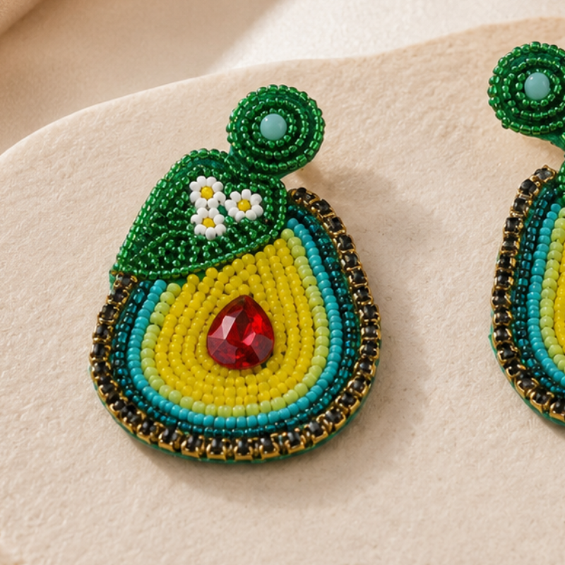 Avocado Bloom Beaded Statement Earrings