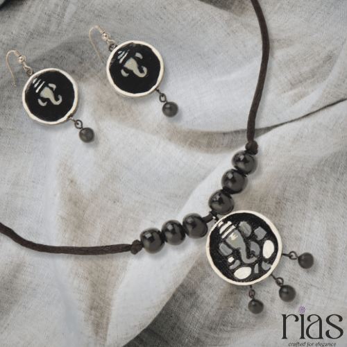 Handcrafted Black & White Ganesha Terracotta Necklace Set
