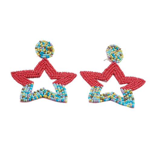 Starlight Pop Handmade Red & Multicolor Beaded Star Earrings