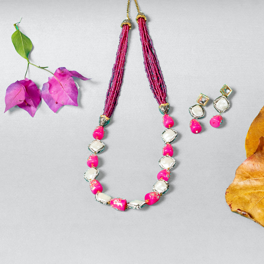 Ruby pink and mother of pearl inspired necklace set