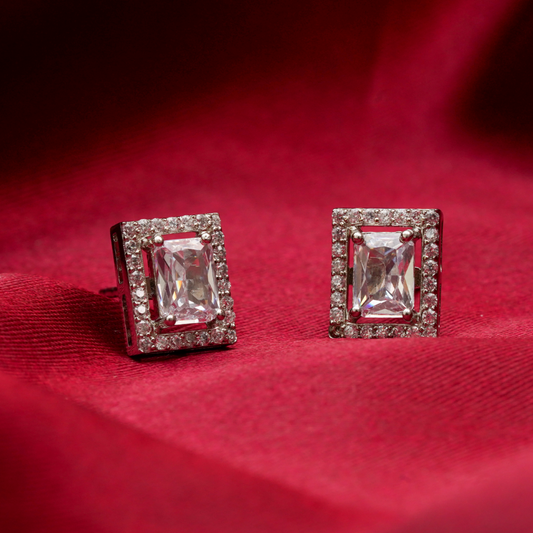 Radiant Rectangle Halo Zircon Stud Earrings – 925 Silver