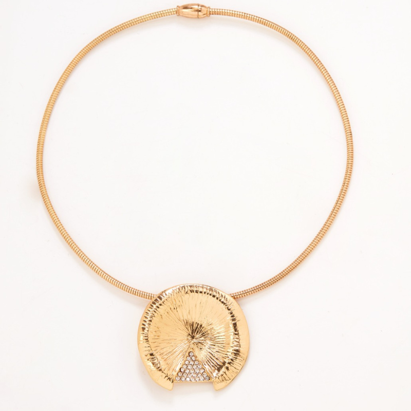contemporary gold tone necklace with sculpted pendant