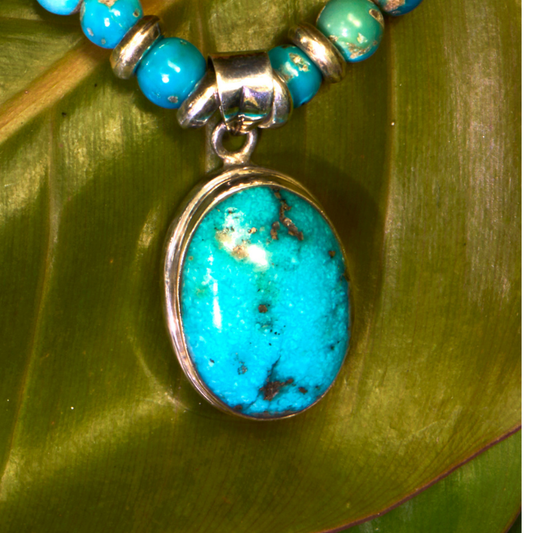 Turquoise Beaded Necklace with Pendant in 925 Sterling Silver | Natural Stone Jewelry
