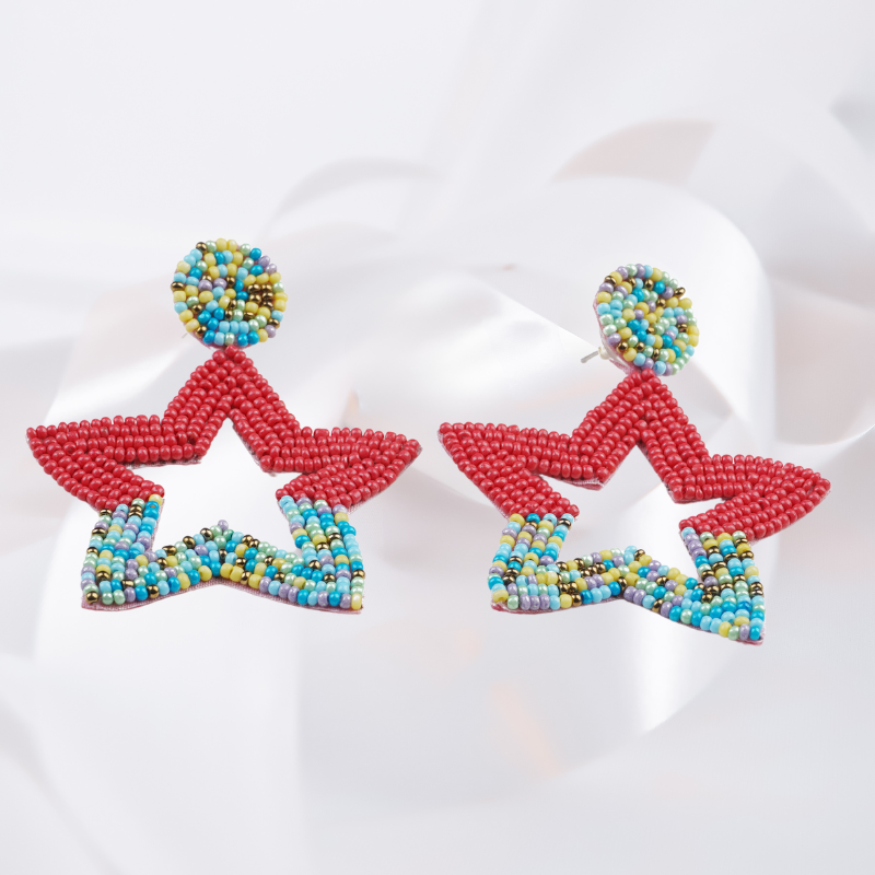 Starlight Pop Handmade Red & Multicolor Beaded Star Earrings