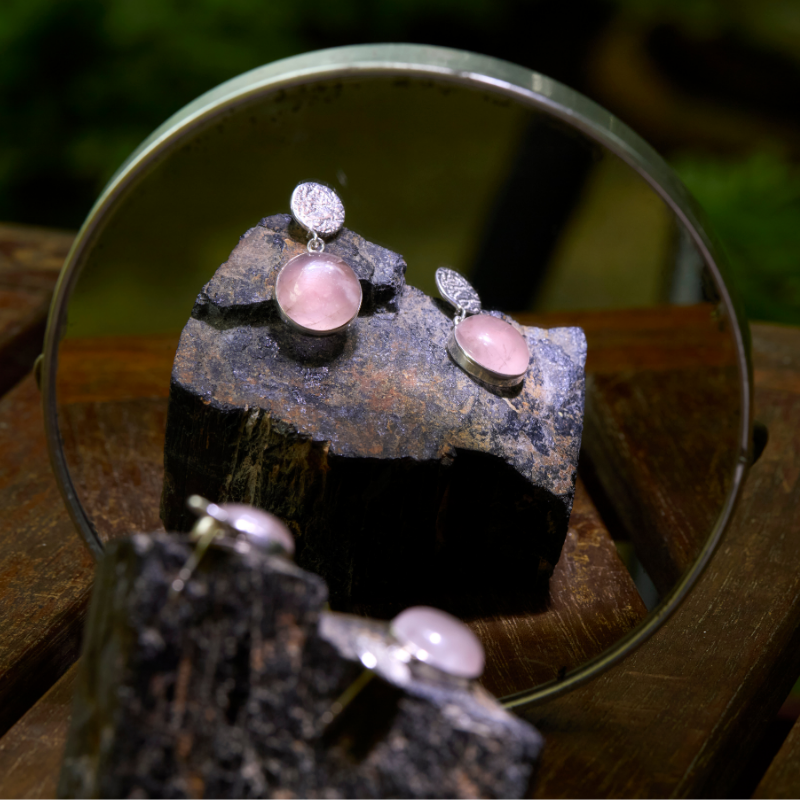 natural rose quartz gemstone drop earrings in sterling silver