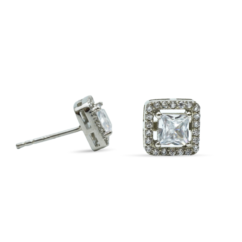 925 Silver Radiant Princess-Cut Zircon Halo Earrings