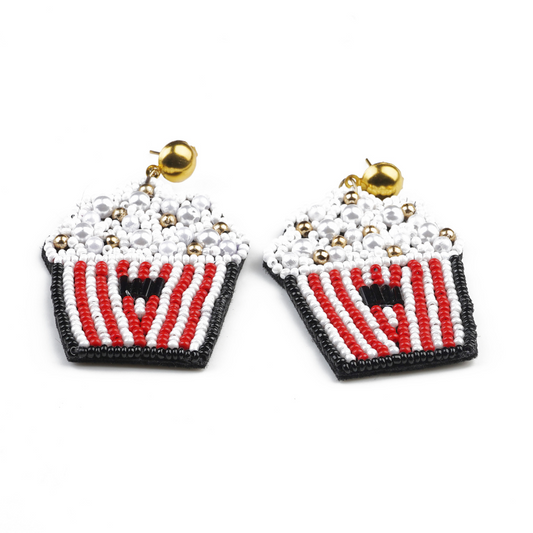 Movie Night Popcorn Bucket Handmade Beaded Earrings - Funky Statement Jewelry