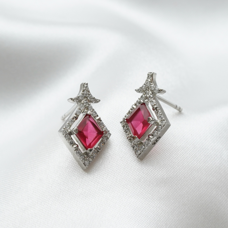 925 Silver Ruby Halo Stud Earrings