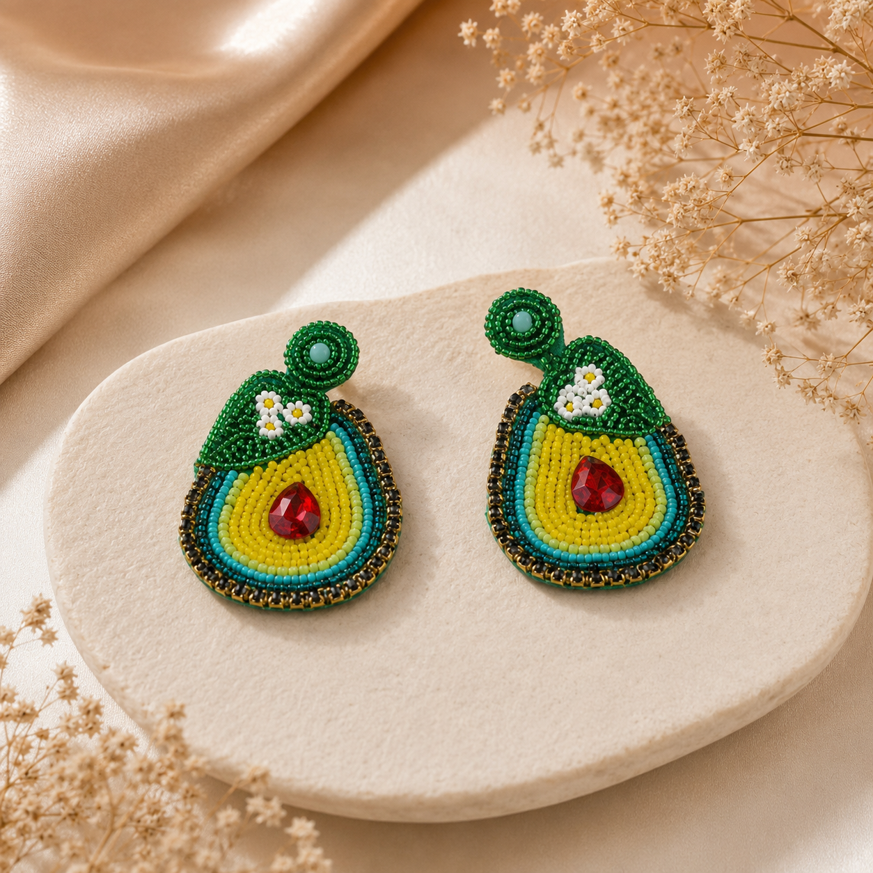 Avocado Bloom Beaded Statement Earrings