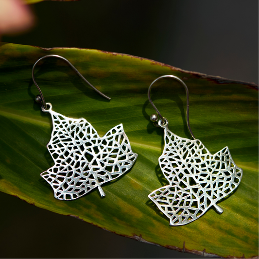 leaf silver drop earrings in 925 sterling silver handcrafted jewelry