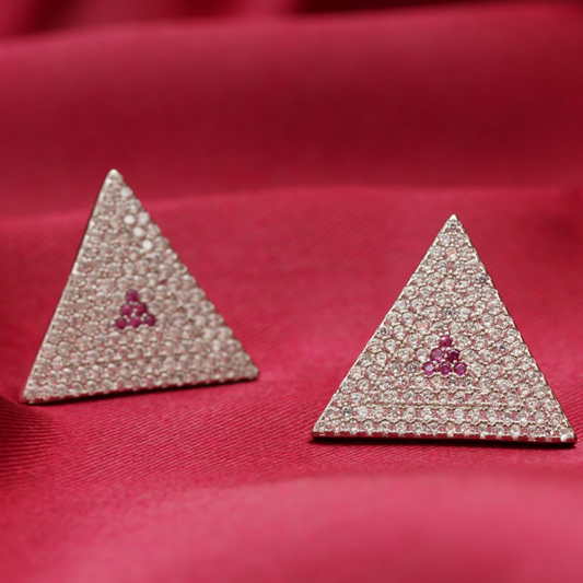 925 Silver Triangular Pyramid Earrings with CZ & Ruby Accent