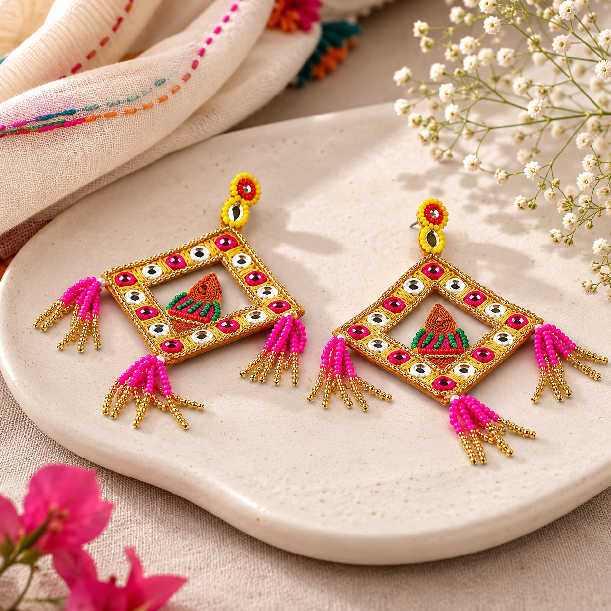 Rangoli Mirror Tassel Statement Earrings