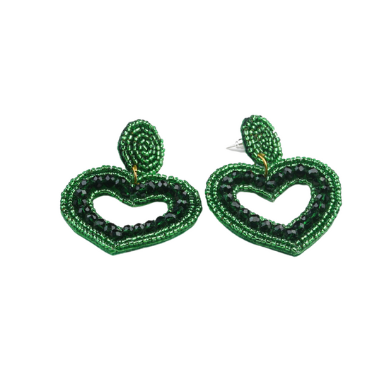 Emerald Heart Beaded Earrings – Handcrafted Statement Style