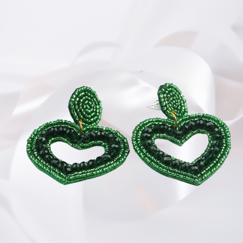 Emerald Heart Beaded Earrings – Handcrafted Statement Style