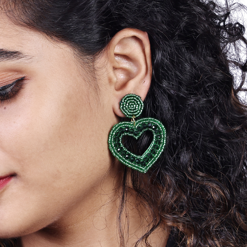 Emerald Heart Beaded Earrings – Handcrafted Statement Style