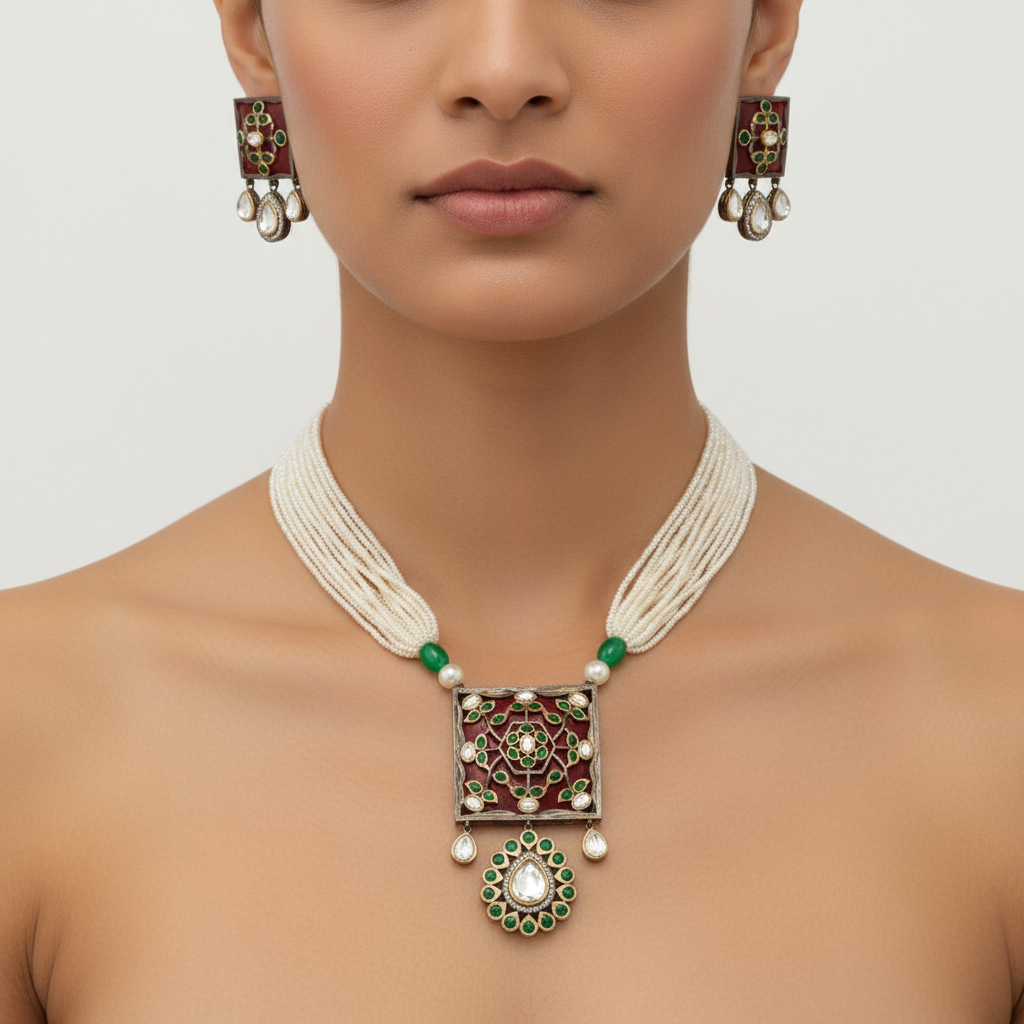 Rajnandini's Red & Green Kundan Meenakari Necklace Set with Earrings – Handcrafted Bridal Jewelry