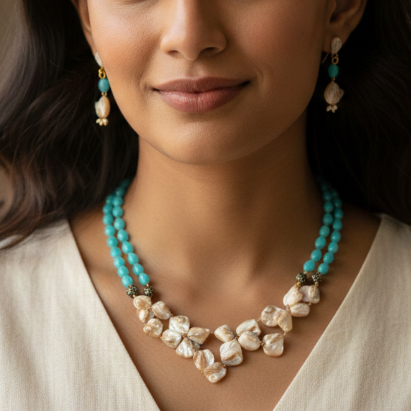 Azure Pearl Cascade Necklace Set