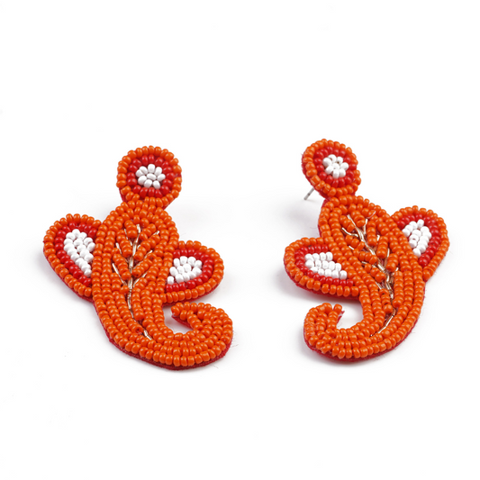 Handcrafted Orange Paisley Earrings with Beads – Festive & Boho Style