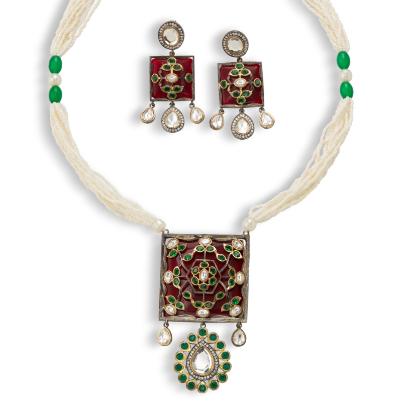 Rajnandini's Red & Green Kundan Meenakari Necklace Set with Earrings – Handcrafted Bridal Jewelry