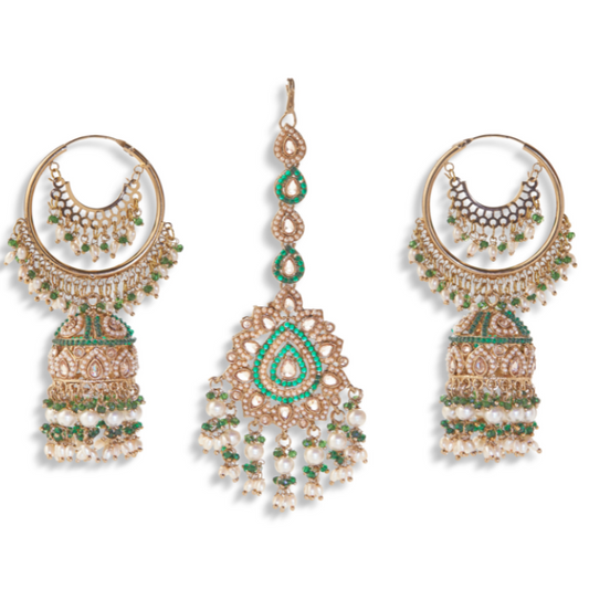 Rajeshwari's Emerald Green Kundan Bridal Jhumka Earrings with Maang Tikka – Heritage Wedding Jewelry