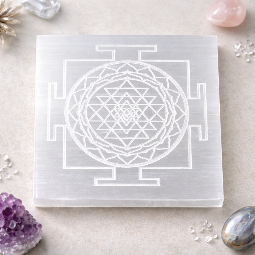 Selenite Sri Yantra personal charging plate for cleansing and recharging healing bracelets