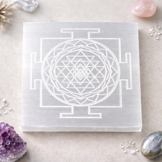 Selenite Sri Yantra personal charging plate for cleansing and recharging healing bracelets