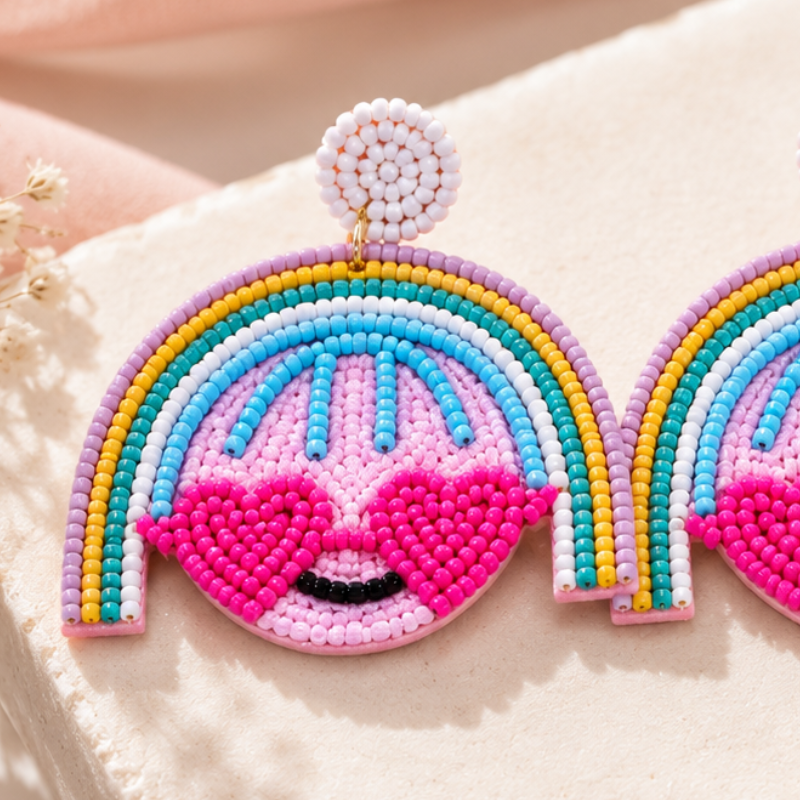 Rainbow Heart Smile Beaded Statement Earrings