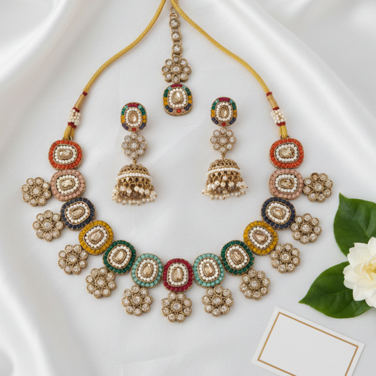 Kanika Multicolor Kundan Polki Necklace Set with Jhumkas & Maang Tikka – Bridal Ethnic Jewelry
