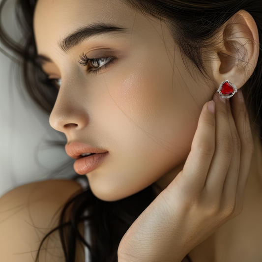 Radiant Ruby Red Teardrop Stud Earrings – 925 Silver with CZ Accents